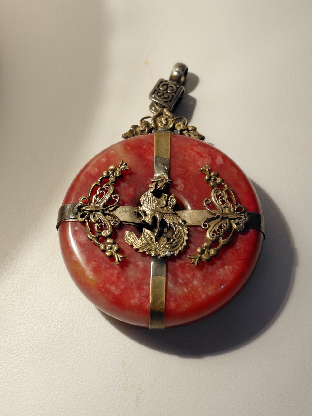 Ornate Red Stone Pendant Necklace with Brass Filigree